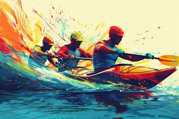 Canoe sprint, paddlers racing, detailed flat design illustration showing canoe sprint paddlers racing on the water, with vibrant colors and dynamic movement, capturing the effort and speed of the race