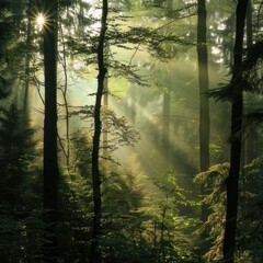 Fototapeta premium Sunlight Filtering Through Forest Trees