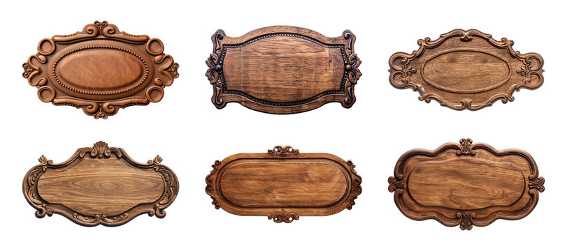 Collection of carved wooden nameplate or signboard isolated on a transparent background, cut-out, PNG