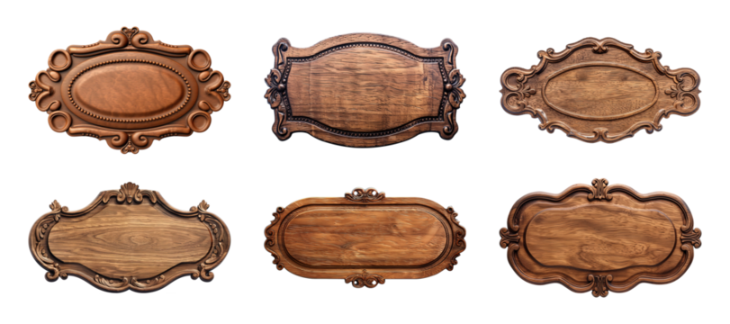 Collection of carved wooden nameplate or signboard isolated on a transparent background, cut-out, PNG