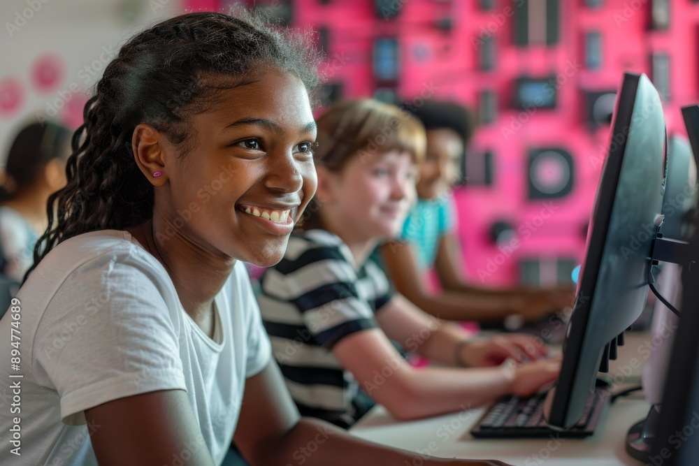 Poster Engaged students are having a great time in their computer class at school, building teamwork and learning new skills. The modern classroom environment encourages collaboration and active learning
