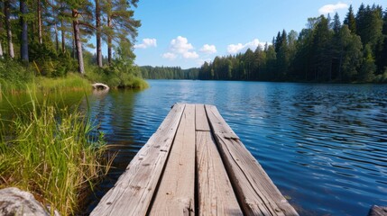 A beautiful and serene lake view is captured with a wooden pier extending into the calm water, surrounded by lush green trees and a clear, bright sky above.