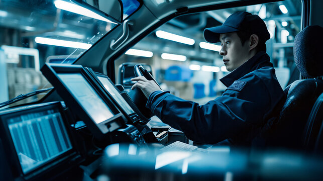 A man in a blue jacket and baseball cap sits in the driver's seat of a vehicle, focusing on multiple screens in front of him-generative AI