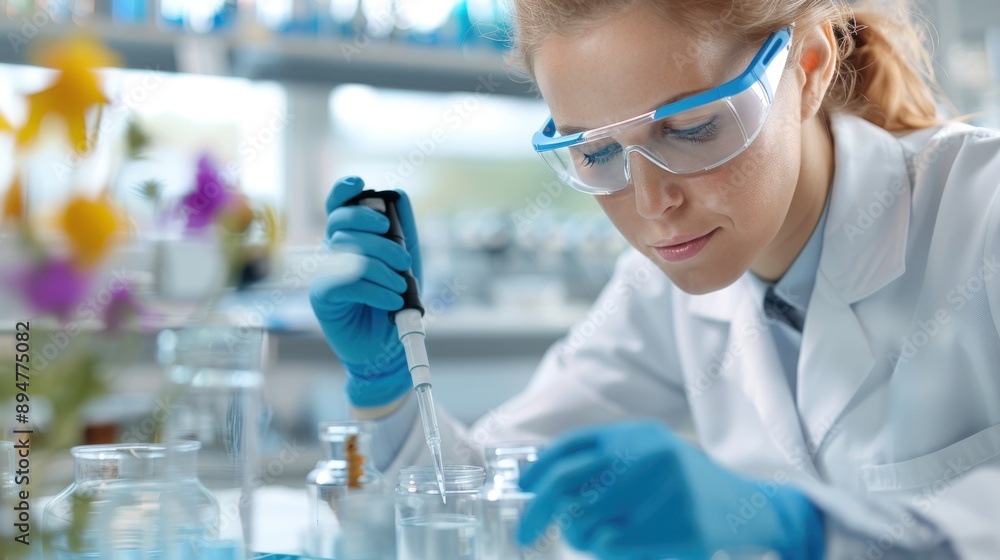 Poster a scientist diligently working in a laboratory, using a pipette to gather fluid samples, surrounded 