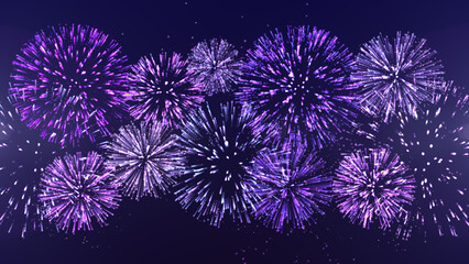 Bright glowing multicolor fireworks show and festival in the night sky. National holidays, celebrations, events, and New Year's Eve fireworks. Purple shining fireworks with bokeh. 