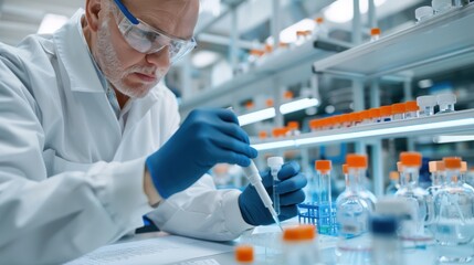 A scientist in a laboratory environment using a pipette to handle liquid samples, demonstrating precision and focus while surrounded by lab equipment and glassware.