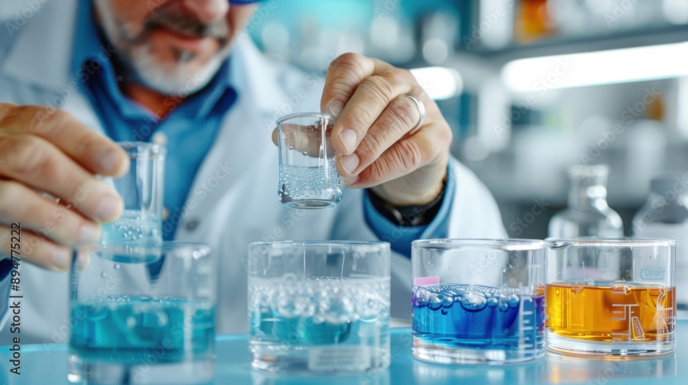 Poster a senior scientist in a laboratory handling various colored solutions, demonstrating expertise and p