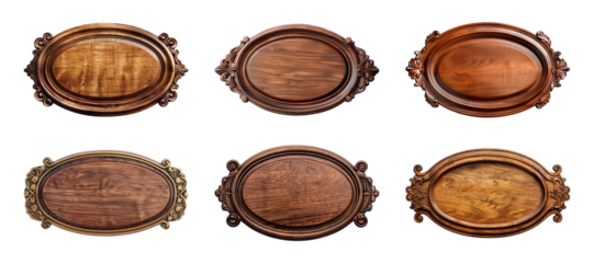 Collection of carved wooden nameplate or signboard isolated on a transparent background, cut-out, PNG