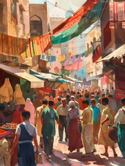 Vibrant Open Air Market with Lively Crowd Textile Patterns and Warm Sunlight