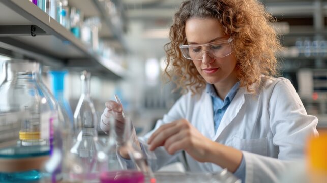 A female scientist in a lab coat and safety glasses is conducting an experiment in a modern laboratory, focusing intently on her work to ensure accuracy and precision in her research.