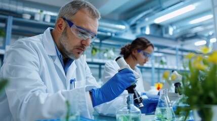 Fototapeta premium Two researchers are engaged in scientific study using a microscope in a well-equipped laboratory, focusing on experiments and the analysis of scientific samples.
