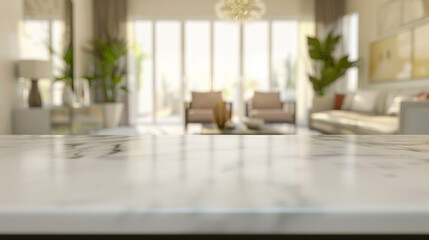 Empty White countertop Surface With Blurred Living Room Background