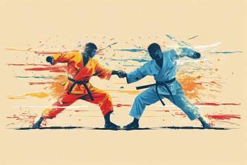 Karate match, sparring stance, detailed flat design illustration showing karate competitors in a sparring stance, with vibrant colors and dynamic movement, capturing the intensity and focus of the
