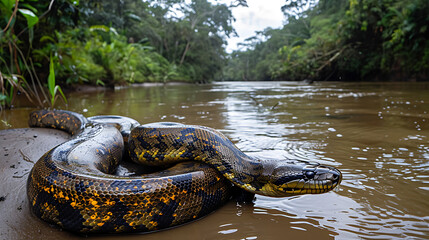 Massive anaconda coiled on riverbank, rainforest, 