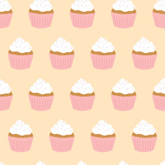 Seamless pattern of cupcakes with cream on pink background. Hand drawn doodle style