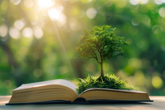 The tree depicted in an open book represents learning and a connection to nature, symbolizing growth, wisdom, and environmental awareness by intertwining education with the natural world