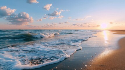 Obraz premium A spectacular sunrise over ocean waves gently crashing on a sandy beach, creating a serene and peaceful atmosphere with the early morning sun casting a golden glow.