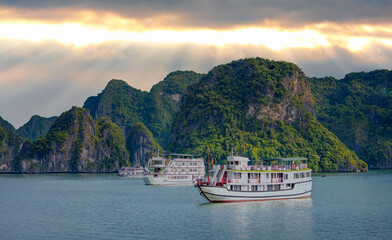 Sunset In The Morning On The harbour In Ha long Bay In Vietnam