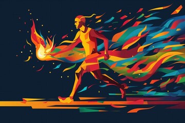 Olympic flame, torch bearer, detailed flat design illustration showing an athlete carrying the Olympic flame during the torch relay, with vibrant colors and dynamic movement, capturing the tradition