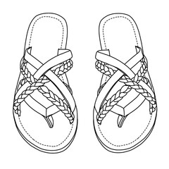 Women's Flat Sandals Casual Cute Cross Strappy Flat Summer Shoes Line art, Technical sketch hand drawing outline vector doodle illustration isolated on white background