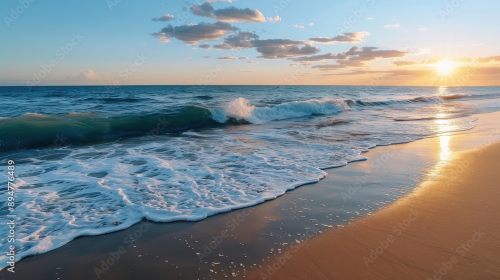 Poster a tranquil beach setting with calm waves rolling in under a beautiful sunset, casting a mesmerizing 