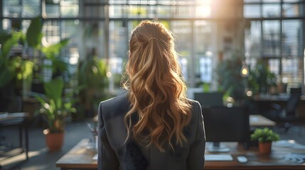 Fototapeta premium Professional woman in suit, back view, standing at desk, bright modern office space, open plan workspace, natural light, large windows, contemporary office furniture.