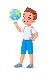 Smiling school boy holding a globe. Cartoon vector isolated illustration.