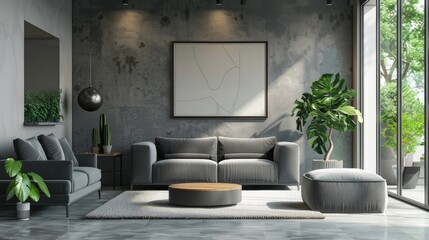 Vacant contemporary living room with updated design, grey sofa and armchair, modern apartment, no occupants, rental, real estate theme