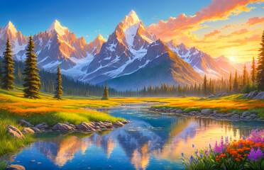 Obraz premium Majestic Mountain Sunset with Reflection in Calm Water.