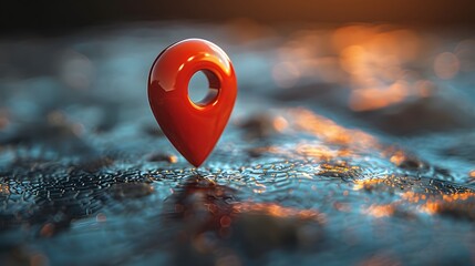 Red location pin, bright blue background, map surface, macro photography, high contrast, vibrant colors, sharp focus, reflective surface, minimalist composition.