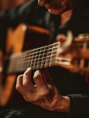 Fototapeta premium Virtuosic Musician s Graceful Fingers Dance Across Vintage Acoustic Guitar Strings in Moody Studio