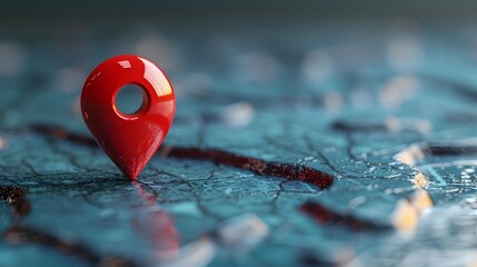 Red location pin, bright blue background, map surface, macro photography, high contrast, vibrant colors, sharp focus, reflective surface, minimalist composition.