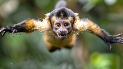 Fototapeta premium Playful capuchin monkey swinging through trees, 