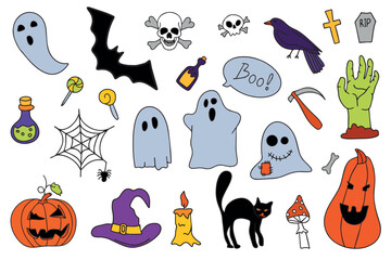 Happy Halloween set. A magical collection of clip art in hand drawn style. Mystical Creative Modern Aesthetic Doodle Elements. Vector