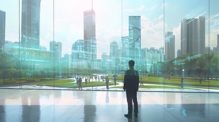 Futuristic Leader Businessman Smart Cityscape Digital Interface Window Technology