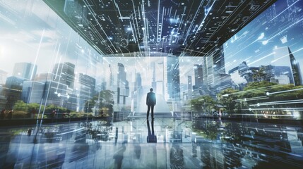 Leadership Businessman Smart Digital Cityscape High-Tech Data Streams Futuristic