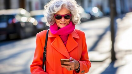 Stylish Modern Elderly Woman Orange Coat Pink Scarf Smartphone Urban Technology