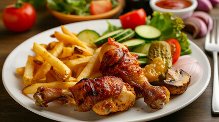 On a plate on the table there is a delicious fried chicken leg with vegetables and mushrooms.