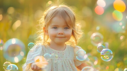 Toddler Playing with Bubbles in Sunlit Field