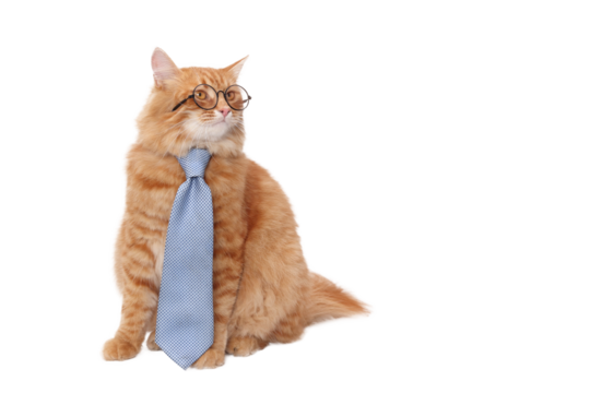 Ginger Cat wearing glasses and blue tie sitting and looking to the side against a white backdrop. Funny gentleman cat in a blue tie. Copy space. Smart cat. Day of knowledge, study, science student