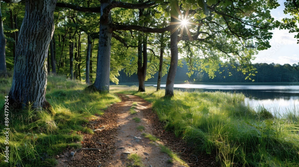 Aufkleber a scenic forest path runs parallel to a calm lake, with sunlight breaking through the tree canopy, c