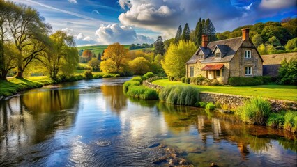 Obraz premium Picturesque landscape featuring a tranquil river flowing past a charming house, scenic, river, house, landscape, serene
