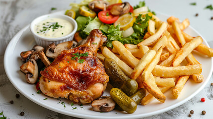 On a plate on the table there is a delicious fried chicken leg with vegetables and mushrooms.