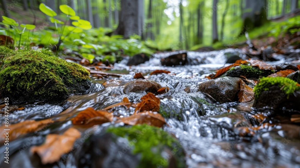 Poster a serene stream flows gently over moss-covered rocks, surrounded by lush greenery and fallen leaves,