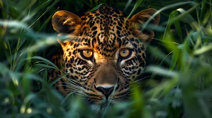  Stealthy leopard hidden in savanna grass, eyes glowing,  © pimnada