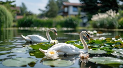 Obraz premium Two beautiful swans gracefully swim in a pond filled with water lilies, with a serene backdrop of lush greenery and well-maintained gardens, creating a tranquil and picturesque scene.