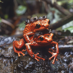Strawberry poison dart frog carrying tadpoles on back, rainforest floor, 