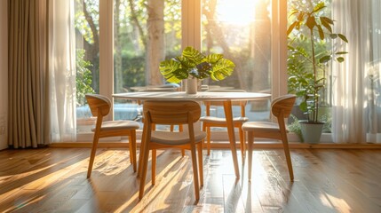 Sunlit Dining Area with Elegant Wooden Furniture