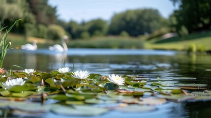 Fototapeta premium A peaceful lake adorned with lilies where two swans swim gracefully, set against a backdrop of lush trees and undergrowth, evoking a sense of serenity and natural beauty.