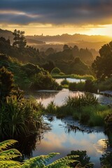 Obraz premium Explore the serene landscapes of New Zealand's North Island, including geothermal wonders in Rotorua and the stunning beaches of Bay of Islands.